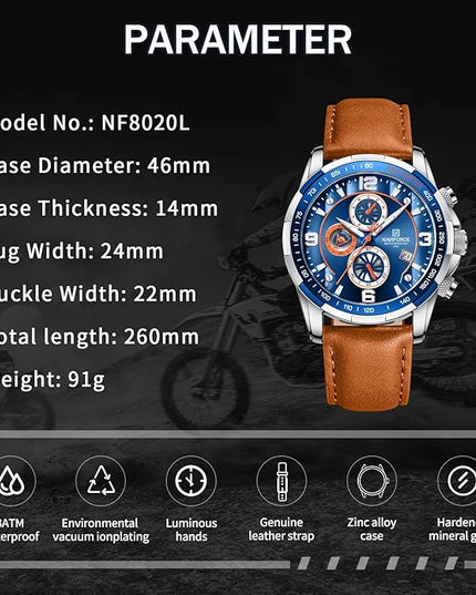 NAVIFORCE Sport Watches for Men Analog Quartz Chronograph Leather Strap Wrist Watch