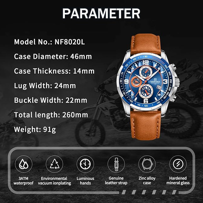 NAVIFORCE Sport Watches for Men Analog Quartz Chronograph Leather Strap Wrist Watch