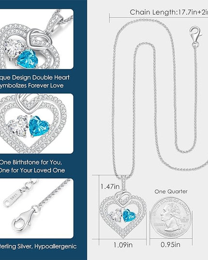 LOUISA SECRET Sparkling Double Heart Birthstone Necklaces for Women, 925 Sterling Silver Fine Jewelry, Pendant Heart Necklaces Birthday Anniversary Christmas Gift for Women Wife Mom Girlfriend Lady