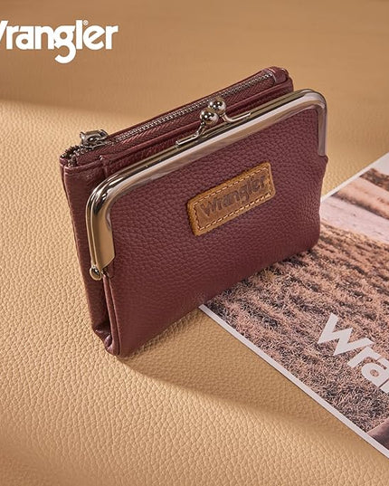 Montana West Wrangler Women's Wallet RFID Blocking Wallets Small Bifold Credit Card Holder with Kiss Clasp Burgundy Red