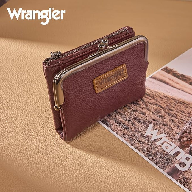Montana West Wrangler Women's Wallet RFID Blocking Wallets Small Bifold Credit Card Holder with Kiss Clasp Burgundy Red