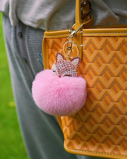 Faux Rabbit Fur Ball Pom Pom Keychain with Fox Head Studded with pearl Rhinestone for Womens Bag Car Key Decoration