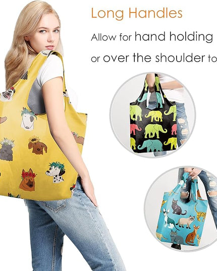 BeeGreen Animals Reusable Grocery Bags Reusable Kitchen Bags Bulk Foldable-Machine Washable with Zipper Storage Pouch 6 Packs