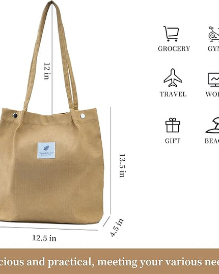 Corduroy Tote Bag Cute Tote Bags for Women Shoulder Bag with Inner Pocket for Work Beach Travel and Shopping Grocery