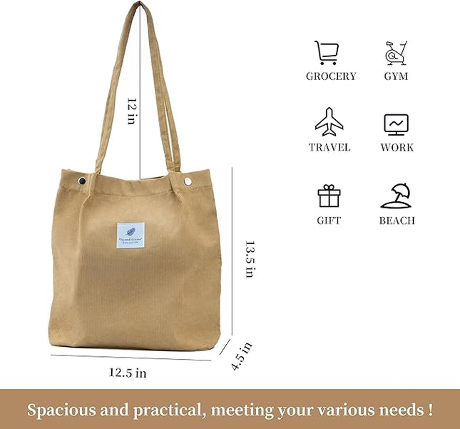Corduroy Tote Bag Cute Tote Bags for Women Shoulder Bag with Inner Pocket for Work Beach Travel and Shopping Grocery