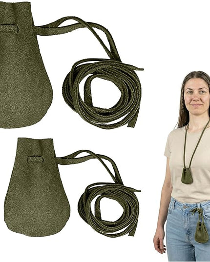 Mythrojan Small Trinket Pouches Suede Leather Drawstring Coin & Dice Bags for LARP, SCA, Viking & Medieval Events (Dark Green - Pack of 2)