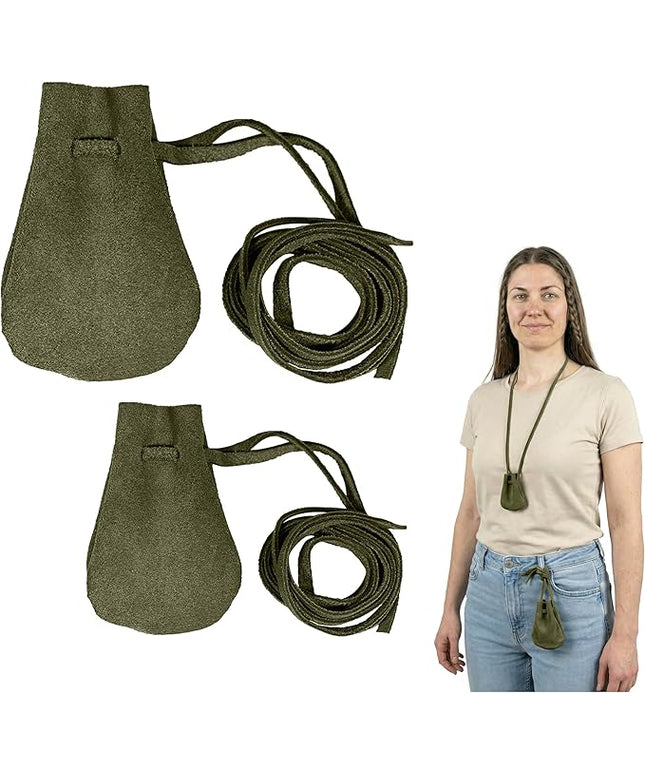 Mythrojan Small Trinket Pouches Suede Leather Drawstring Coin & Dice Bags for LARP, SCA, Viking & Medieval Events (Dark Green - Pack of 2)