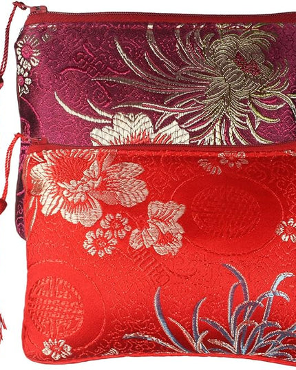 kilofly 2 pc Chinese Silk Brocade Padded Tassel Zipper Jewelry Bag Gift Pouch