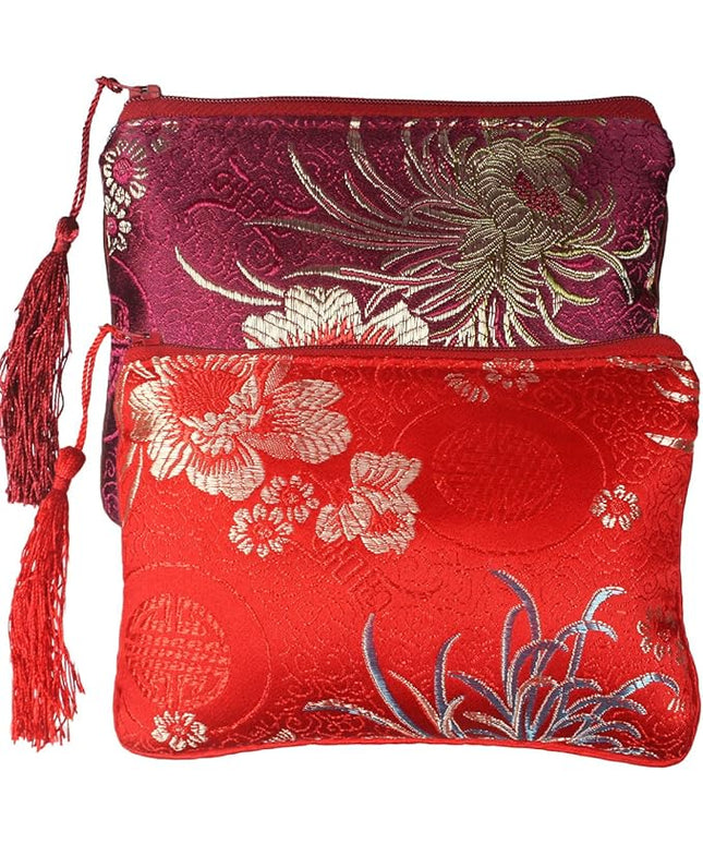kilofly 2 pc Chinese Silk Brocade Padded Tassel Zipper Jewelry Bag Gift Pouch