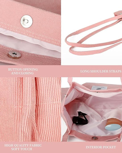 Corduroy Tote Bag Cute Tote Bags for Women Shoulder Bag with Inner Pocket for Work Beach Travel and Shopping Grocery