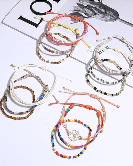 LOLIAS 24 Pieces Waterproof String Bracelets for Women Surfer Wave Boho Bracelet Adjustable Handmade Friendship Bracelet String Ocean Beach Boho Bracelets Anklets for Women