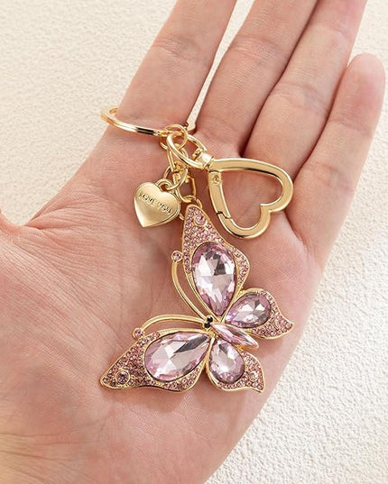 XGALBLA Cute Bling Crystals Rhinestone Butterfly KeyChain with Heart Pendant, Lovely Bag Charms for Handbags Purse Accessory