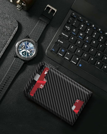 typecase Mens Wallet Card Holder: Pop Up Card Case, Genuine Leather, RFID Blocking, Smart, Slim, Minimalist, Thin - 13 Card Capacitiy, ID Window, Cash Strap (Carbon Fiber)