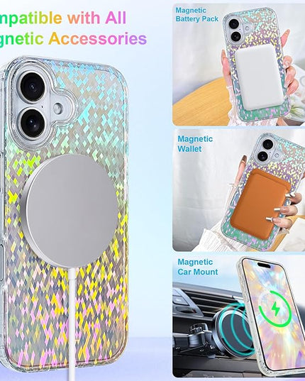 Glitter Case for iPhone 17 Case for Women Girls [Compatible with Magsafe] Clear Cute Girly Aesthetic Colorful Iridescent Rainbow Sparkly Sparkle Bling Magnetic Protective Phone Cover