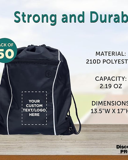 DISCOUNT PROMOS Two-Tone Drawstring Backpack Non-Woven - 50 pack - Customizable Text, Logo - Durable Sports Backpacks - Ideal for Work, Sports, Travel, Gym & More - Black