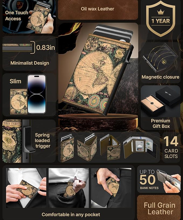 typecase Mens Wallet Card Holder: Pop Up Aluminum Case, Carbon Fiber Leather, Smart, RFID Blocking, Slim, Minimalist, Front Pocket - 9-14 Card Capacity | ID Window | Cash Slot (Map)