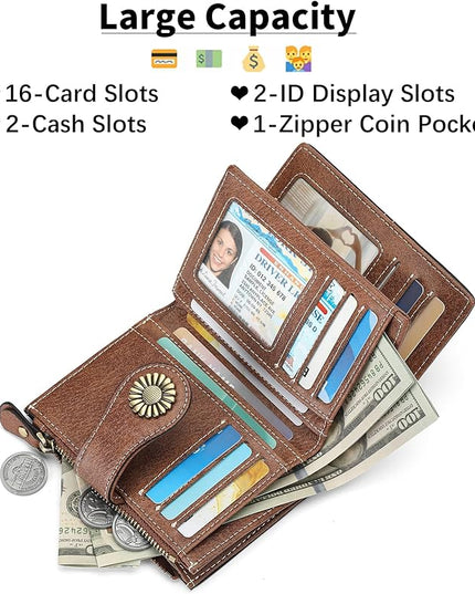 SENDEFN Small Womens Wallet Leather Bifold Card Holder RFID Blocking with Zipper Coin Pocket