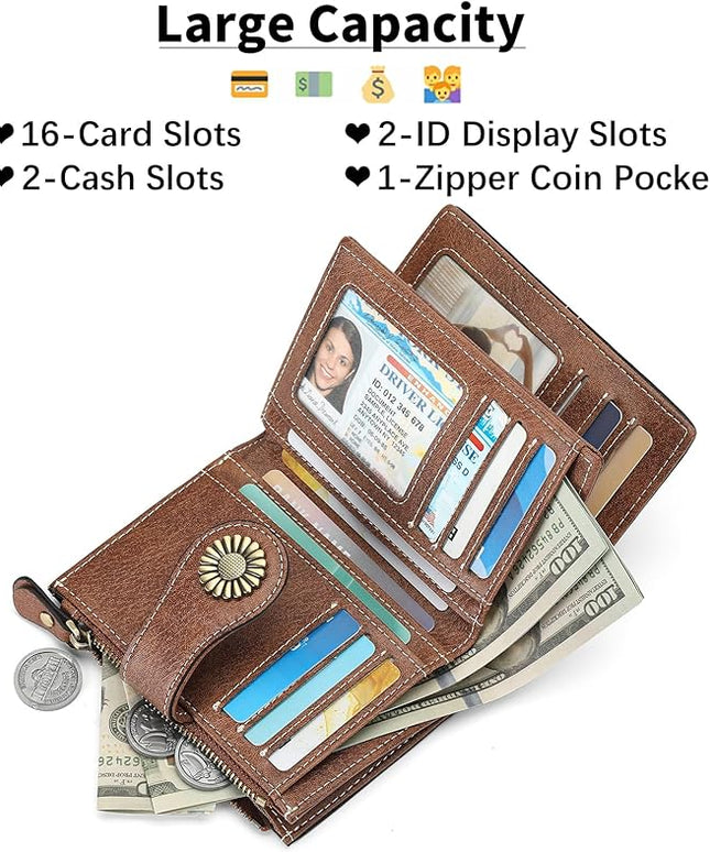 SENDEFN Small Womens Wallet Leather Bifold Card Holder RFID Blocking with Zipper Coin Pocket