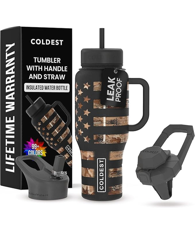 Coldest Tumbler with Handle and Straw, 100% Leak Proof Insulated Tumbler with Lid and Straw (3 Lids), Stainless Steel Tumblers for Women & Men, Cup Holder Friendly, 36 oz (Camouflage Flag)