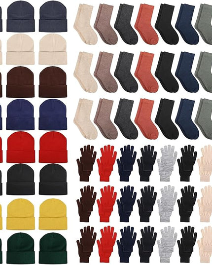 Hillban Winter Beanie Hat Gloves Set with Warm Socks Bulk, Homeless Knitted Beanie Cap Thick Thermal Winter Gloves Socks Pack
