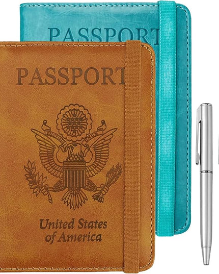 WALNEW Passport Holder for Travel, RFID Passport Cover Wallet for Women Men, PU Leather Passport Book Card Holder Case with Pen (Elastic Band Closure, AA-Brown+Blue)