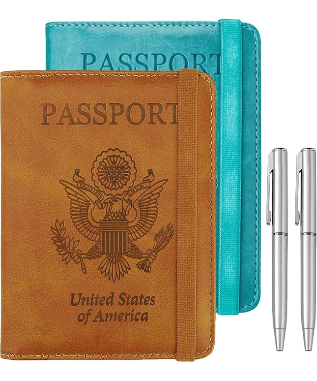 WALNEW Passport Holder for Travel, RFID Passport Cover Wallet for Women Men, PU Leather Passport Book Card Holder Case with Pen (Elastic Band Closure, AA-Brown+Blue)
