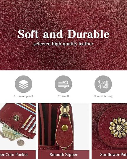 Blucoay Wallet Women,RFID Blocking Real Leather Womens Wallet Bifold Compact Card Holder Small Wallet for Women with Removable ID Window Red