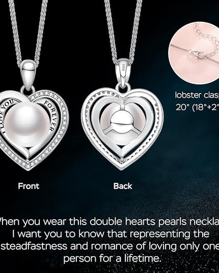 Gifts for Wife Pearl Double Heart I Love You Forever Necklace Jewelry for Women Anniversary Women Necklaces Birthday Gift Ideas, Mothers Day Valentines Christmas for Girlfriend Mom Daughter