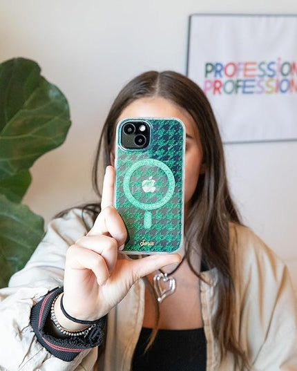 Sonix Protective Phone Case for iPhone 15, 14, 13 | Compatible with MagSafe | 10ft Drop Tested | Green Glitter Houndstooth Print | Happily Houndstooth