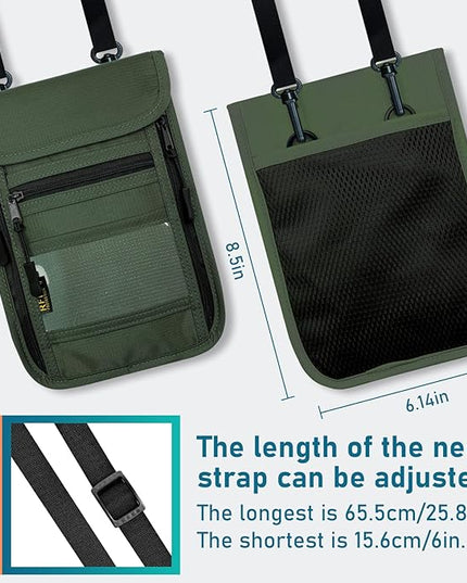 sundee Travel Neck Wallet with Double Zippers, RFID Blocking Passport Holder with Adjustable Neck Strap for Men and Women to Keep Cash, Credit Cards and Travel Documents Safe - Olive Green