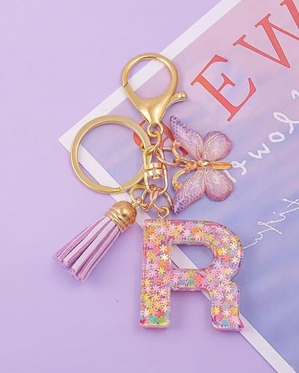 Fashion Alphabet Initial Letter Keychain Tassel Butterfly Pendant Key Ring for Purse Handbags Women Girl
