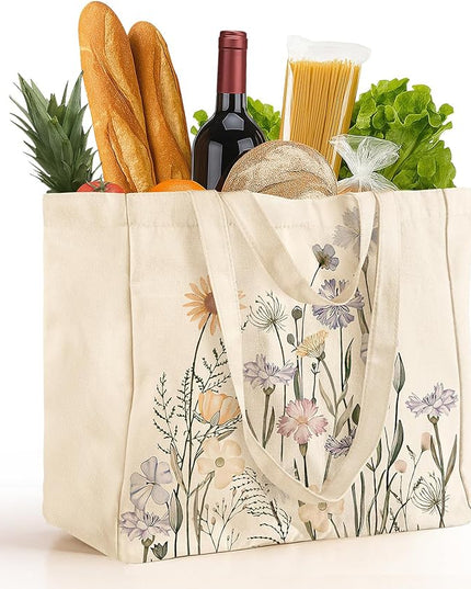 Large Canvas Grocery Tote Bag - Reusable Extra Large Shopping Shoulder Bags with 6 Inner Pockets & 2 Handle Strap