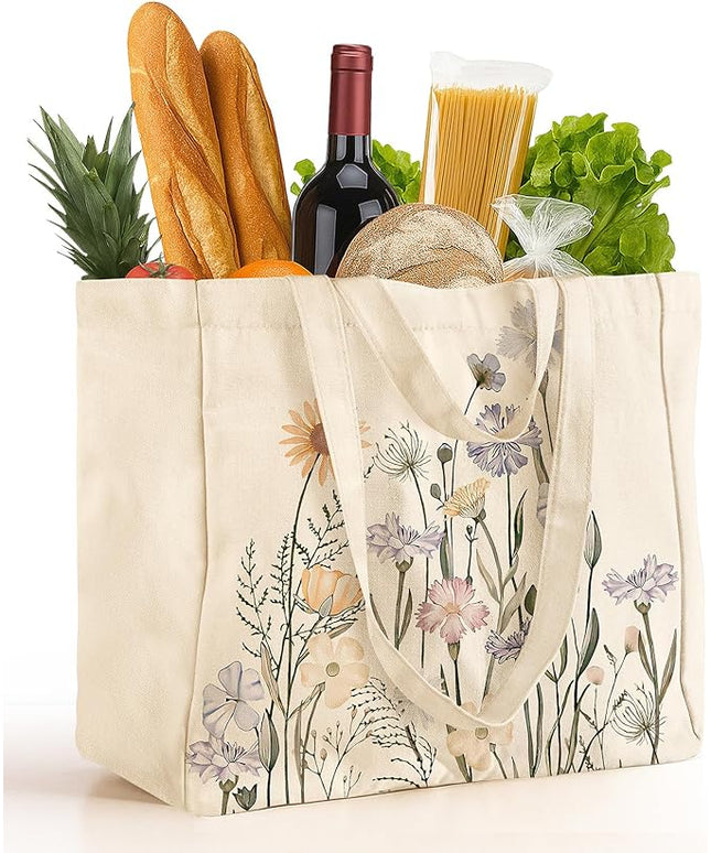 Large Canvas Grocery Tote Bag - Reusable Extra Large Shopping Shoulder Bags with 6 Inner Pockets & 2 Handle Strap