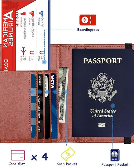 TOURSUIT RFID Blocking Passport Holder for Women Men, Leather Passport Travel Wallet with Metal 3D Metal Badge, Travel Document Holder Cover Accessories (Brown)