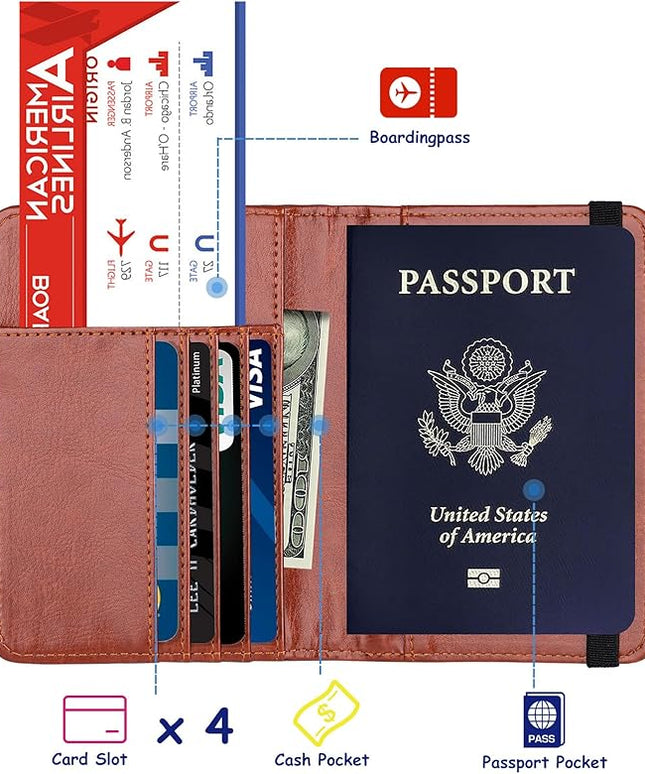 TOURSUIT RFID Blocking Passport Holder for Women Men, Leather Passport Travel Wallet with Metal 3D Metal Badge, Travel Document Holder Cover Accessories (Brown)