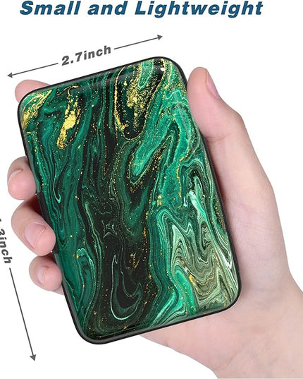 Atufsuat Credit Card Holder, Mini Aluminum Card Wallet RFID Blocking Slim Metal Hard Card Case for Women Men, Green Gold Marble