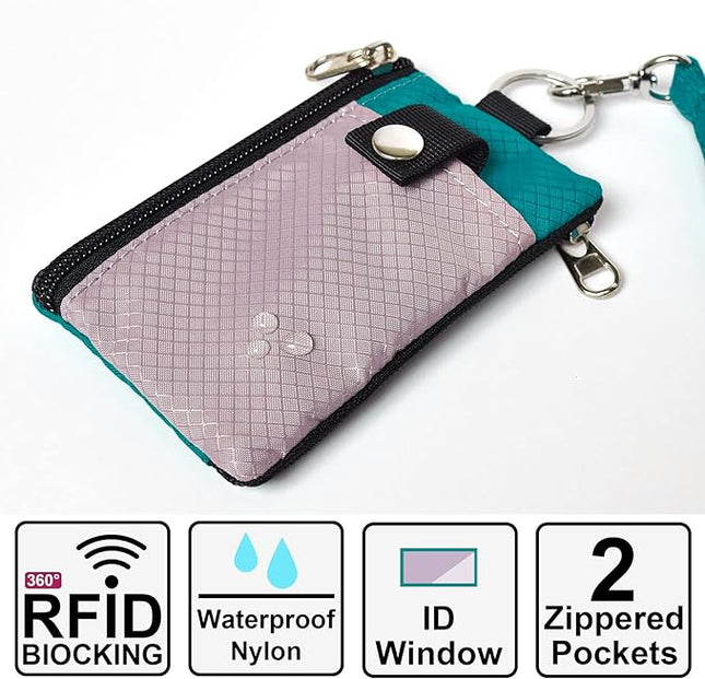 Minimalist RFID Blocking Small Wallet with ID Window,WaterResistant Zip Id Case Wallet with Lanyard Keychain for Cards,Cash,Travel,Women,Men