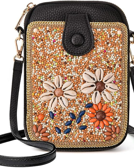 Women's Small Crossbody Cell Phone Bag, Boho Colorful Beaded Purse Wallet with Handmade Cute Patterns