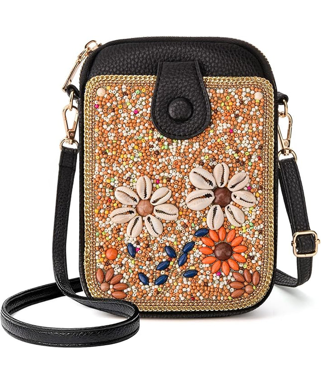 Women's Small Crossbody Cell Phone Bag, Boho Colorful Beaded Purse Wallet with Handmade Cute Patterns