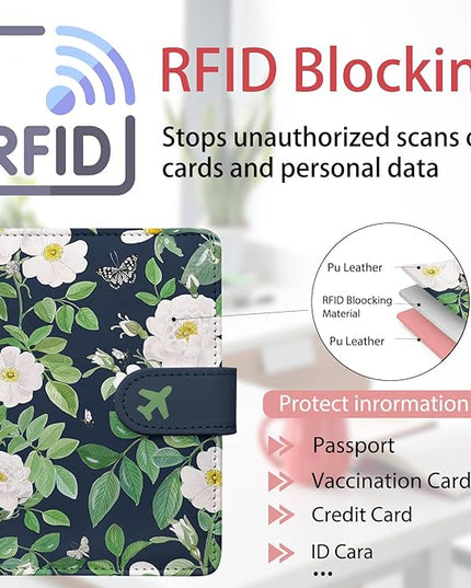 Passport Holder, Travel Wallet Cover with Pen Loop | Cute RFID Blocking Leather Case with Magnetic Closure for Travel Essentials-flower