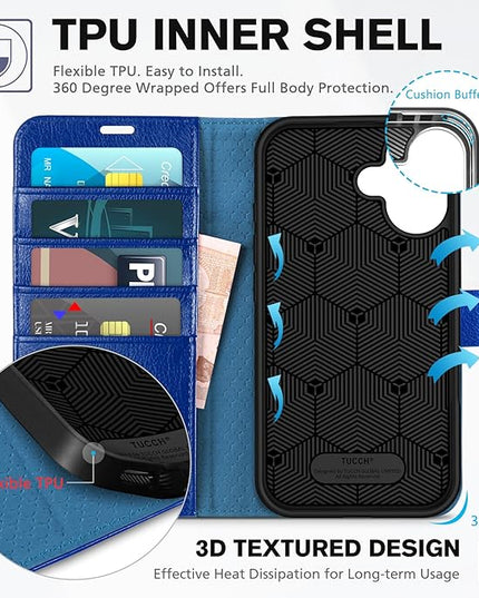 TUCCH Wallet Case for iPhone 16, Kickstand [RFID Blocking] [4 Card Slots] TPU Interior Protective Case, Magnetic Folio Shockproof PU Leather Flip Cover Compatible with iPhone 16 5G, Klein Blue