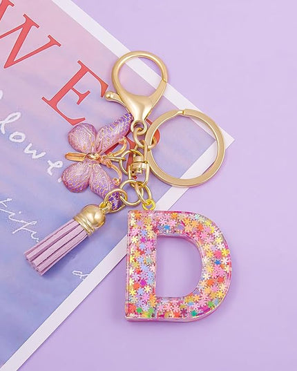 Fashion Alphabet Initial Letter Keychain Tassel Butterfly Pendant Key Ring for Purse Handbags Women Girl