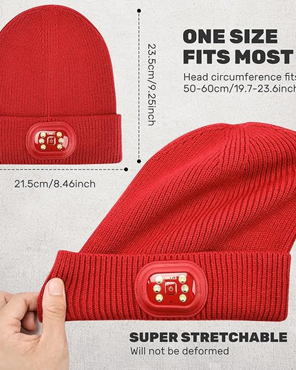OKKLE Unisex LED Beanie with Light, USB Rechargeable Headlamp Hat, Winter Gifts for Men Women Husband Him Red