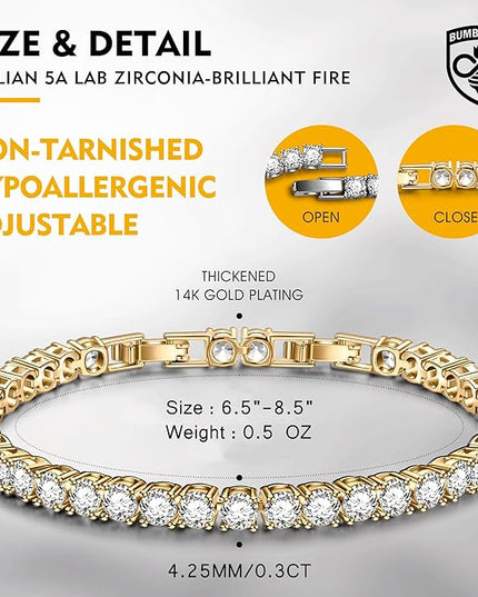 BUMBLEBEE Handmade Tennis Bracelet for Women, 14K Gold Plated, 12.96 CTTW Italian 5A Cubic Zirconia, Hypoallergenic, Adjustable 6–7.5 Inch Jewelry Gift Anniversary, Birthday, Valentine’s Day