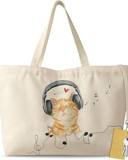 Large Tote Bag for Women - Aesthetic Cute Big Canvas Bags with Zipper Cotton Shoulder Bag for Gym, Travel, Work