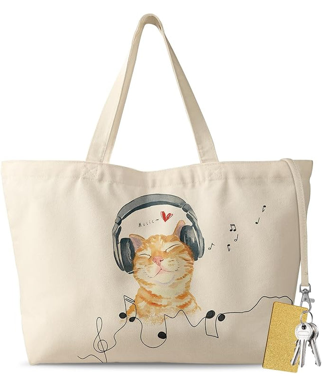 Large Tote Bag for Women - Aesthetic Cute Big Canvas Bags with Zipper Cotton Shoulder Bag for Gym, Travel, Work