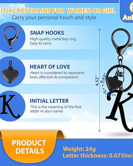 A-Z Heart Initial Letter Keychain, Stainless Steel Alphabet Charm for Handbags, Gift for Women and Girls