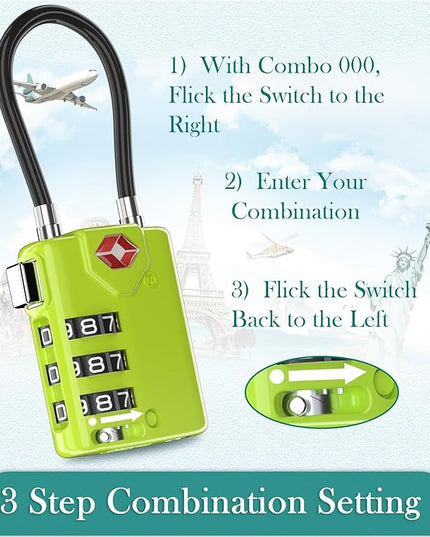 Search Alert TSA Approved Travel Combination Luggage Cable Locks for Suitcase, Gym Locker,Toolbox,Backpack 1,2,4,6 &10 pk (Lime 4 Pack)
