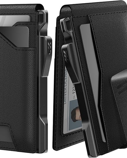 typecase Tactical Wallet for Men Card Holder: Pop Up Card Case, Genuine Leather, Smart, RFID Blocking, Slim, Minimalist, Thin, Front Pocket - 9-13 Card Capacitiy, ID Window, Money Clip (Dark Black)