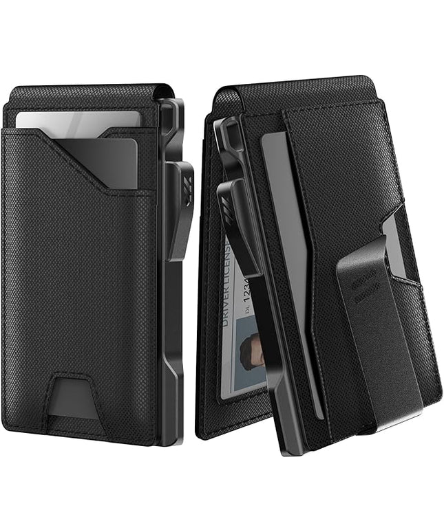 typecase Tactical Wallet for Men Card Holder: Pop Up Card Case, Genuine Leather, Smart, RFID Blocking, Slim, Minimalist, Thin, Front Pocket - 9-13 Card Capacitiy, ID Window, Money Clip (Dark Black)